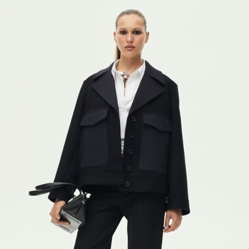 New Zara 2023 ZW Collection Constrast Crop Manteco Wool Coat Jacket Medium NWT